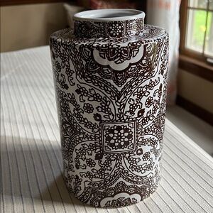 Pottery Barn Brown and White Ceramic Vase.